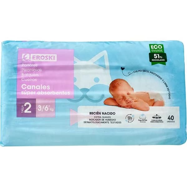 Pañal 3-5 kg T2 canales super absorbentes EROSKI, paquete 40 uds - 40 ud - Imagen del producto en Findit