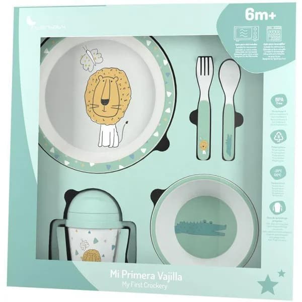 Set vajilla leon, incluye plato llano,cuenco, cuchara, tenedor y taza INTERBABY - 1 ud - Imagen del producto en Findit