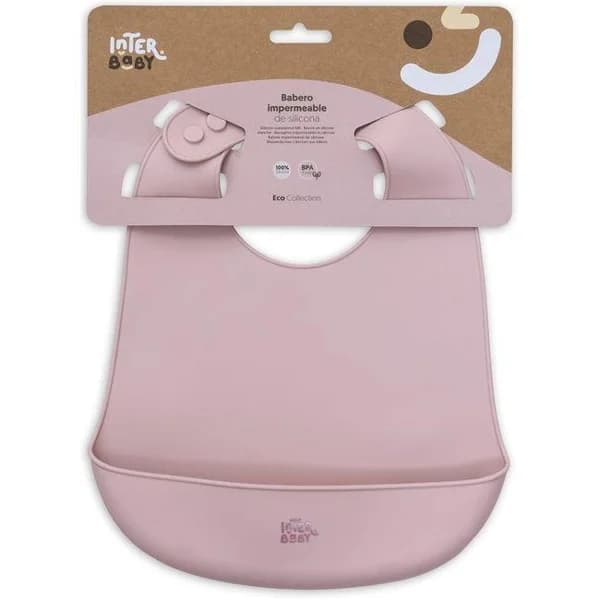 Babero imperpeable rosa de silicona con bolsillo recogemigas INTERBABY - 1 ud - Imagen del producto en Findit