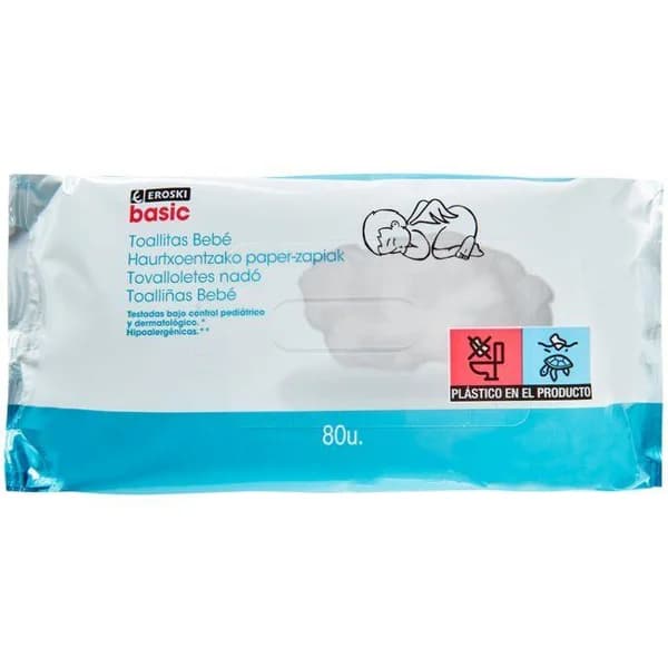 Toallitas bebé EROSKI basic, paquete 80 unid. - 1 ud - Imagen del producto en Findit