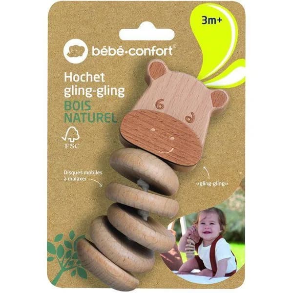 Sonajero Glin Glin el hipopótamo, discos móviles para mezclar y agitar con un efecto sonido, promueve estímulos sensoriales, madera de haya 100% certificada de bosques gestionados de forma sostenible BEBE CONFORT - 1 ud - Imagen del producto en Findit