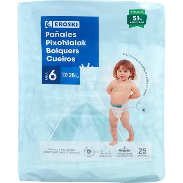 Pañal canal absorbente 17-22 kg Talla 6 EROSKI, paquete 25 uds - 25 ud - Imagen del producto en Findit