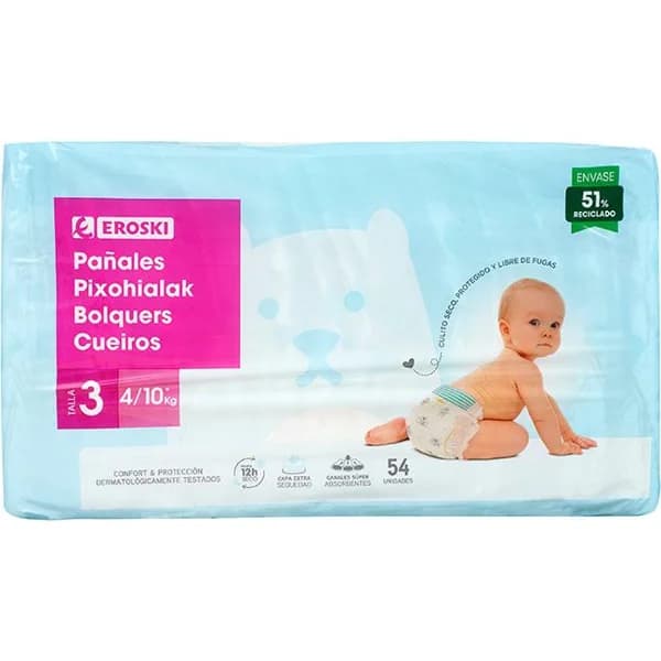 Pañal canales absorbentes 4-9 kg Talla 3 EROSKI, paquete 54 uds - 54 ud - Imagen del producto en Findit