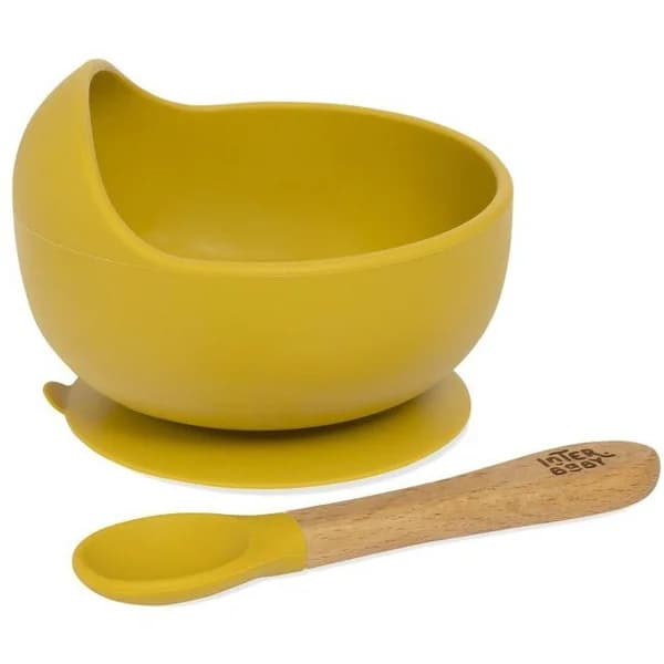 Cuenco de silicona mostaza con ventosa y cuchara con mango madera haya INTERBABY - 1 ud - Imagen del producto en Findit