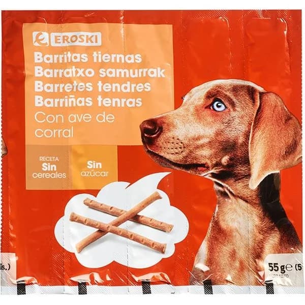Barritas tiernas de ave para perro EROSKI, paquete 55 g - 0.06 kg - Imagen del producto en Findit