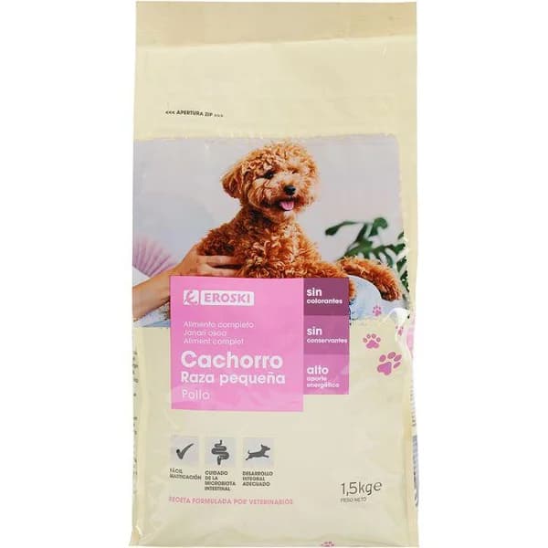 Alimento para perro mini cachorro EROSKI, saco 1,5 kg - 1 ud - Imagen del producto en Findit