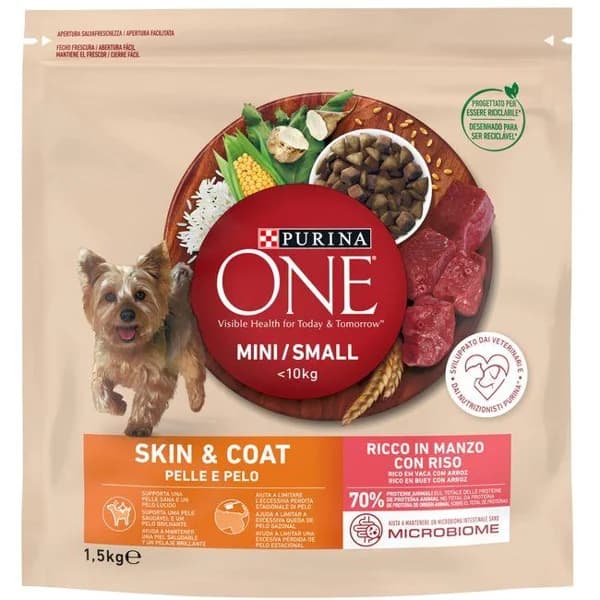 Alimento para perro mini piel y pelaje PURINA One, saco 1,5 kg - 1 ud - Imagen del producto en Findit