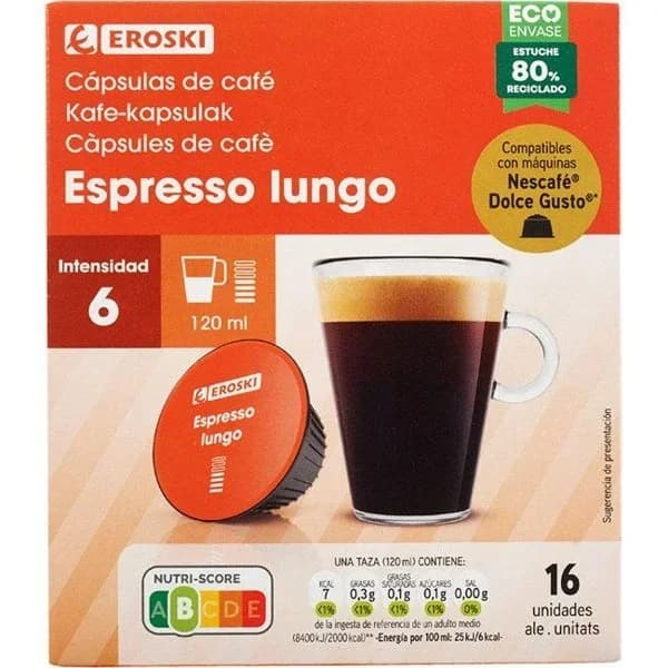 Café lungo compatible Dolce Gusto CDG EROSKI, caja 16 uds - 16 ud - Imagen del producto en Findit