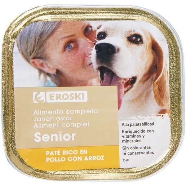 Paté de pollo para perro senior EROSKI, lata 300 g - 0.3 kg - Imagen del producto en Findit