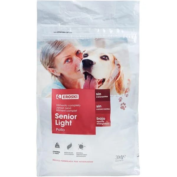 Alimento para perro senior light EROSKI, saco 3 kg - 3 kg - Imagen del producto en Findit