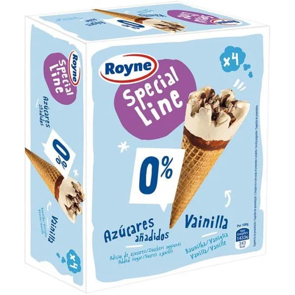 Cono de vainilla sin azúcares ROYNE, pack 4x120 g - 0.48 kg - Imagen del producto en Findit
