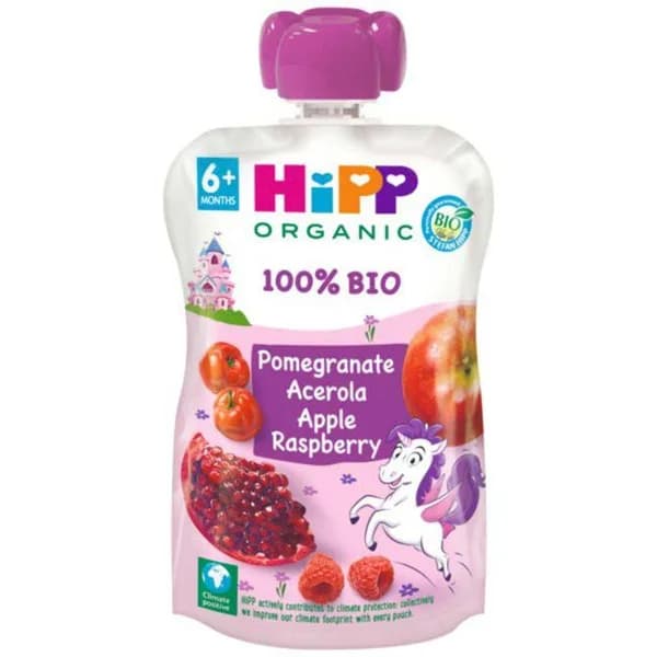 Manzana, frambuesa y granada bio HIPP, bolsita 100 g - 0.1 kg - Imagen del producto en Findit