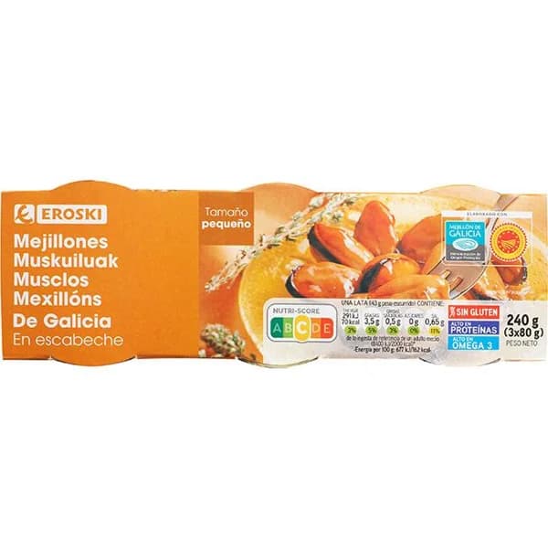 Mejillón en escabeche de Galicia EROSKI, pack 3x80 g - 1 ud - Imagen del producto en Findit