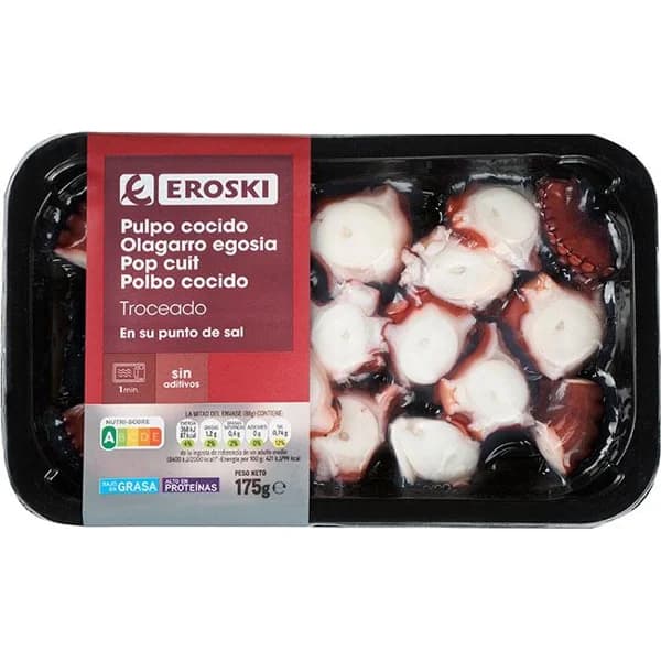 Pulpo cocido troceado EROSKI, bandeja 175 g - 0.18 kg - Imagen del producto en Findit