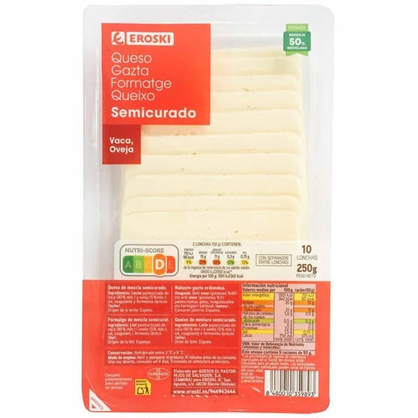 Queso semi EROSKI, lonchas, bandeja 250 g - 1 ud - Imagen del producto en Findit