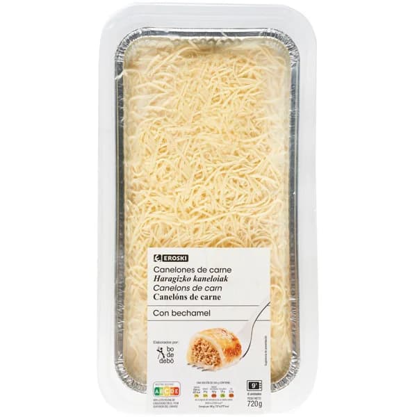 Canelones de carne EROSKI, bandeja 720 g - 0.72 kg - Imagen del producto en Findit