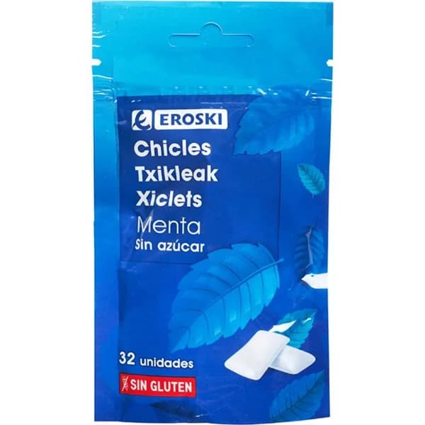 Chicle de menta sin azúcar EROSKI, bolsa 45 g - 1 ud - Imagen del producto en Findit