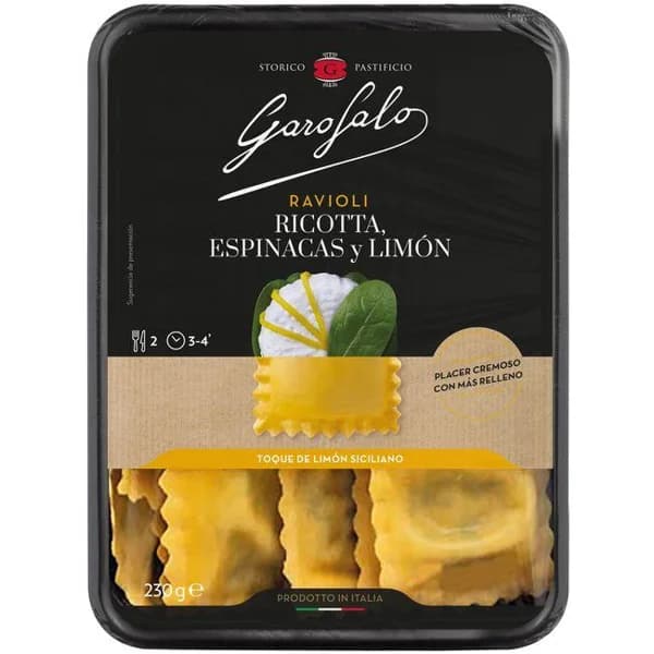 Ravioli de ricotta, espinacas y limón GAROFALO, bandeja 230 g - 1 ud - Imagen del producto en Findit