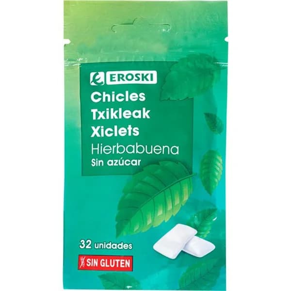 Chicle de hierba buena sin azúcar EROSKI, bolsa 45 g - 1 ud - Imagen del producto en Findit