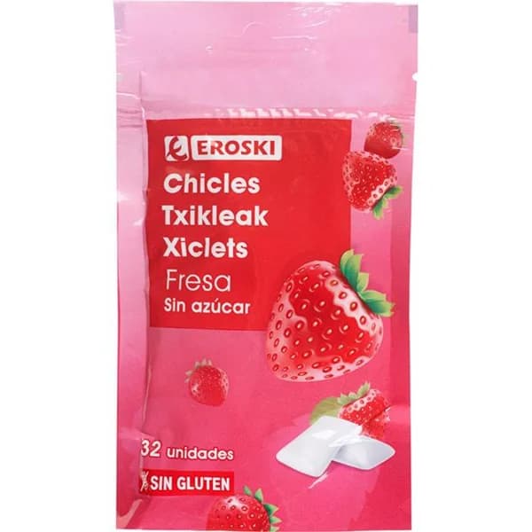 Chicle de fresa sin azúcar EROSKI, bolsa 45 g - 1 ud - Imagen del producto en Findit