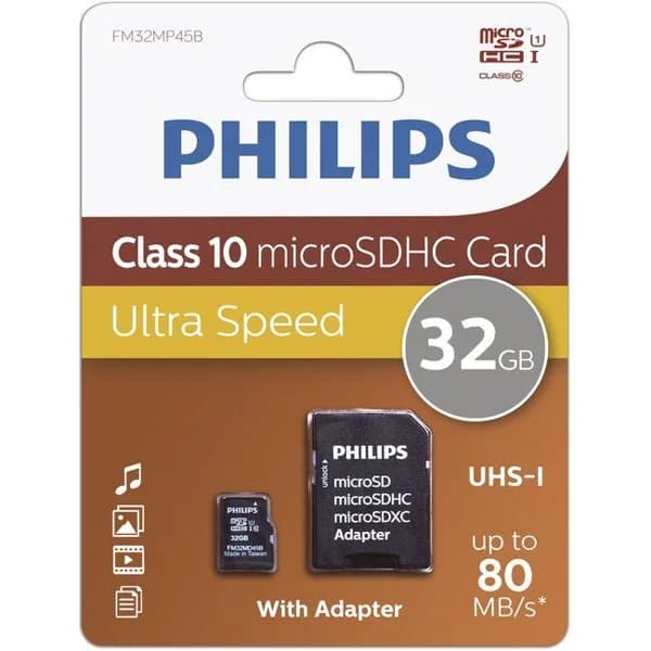 Tarjeta MicroSD con adaptador, 32GB Class 10 MicroSDHC PHILIPS - 1 ud - Imagen del producto en Findit