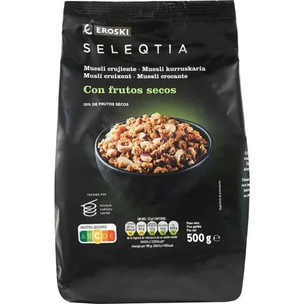 Muesli de frutos secos EROSKI SELEQTIA, bolsa 500 g - 1 ud - Imagen del producto en Findit