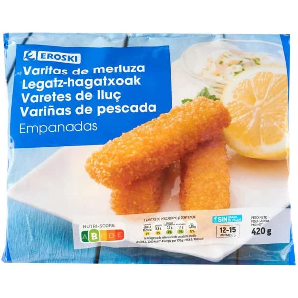 Varitas de merluza empanada EROSKI, bolsa 420 g - 0.42 kg - Imagen del producto en Findit