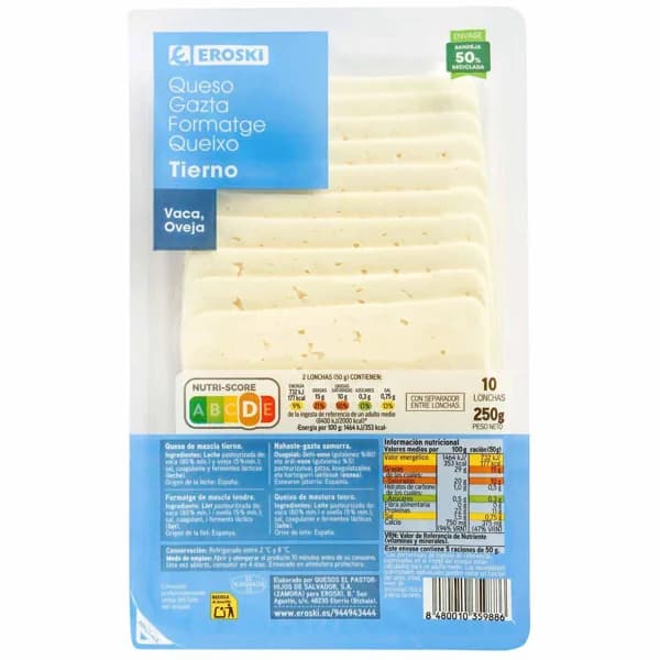 Queso tierno EROSKI, lonchas, bandeja 250 g - 1 ud - Imagen del producto en Findit