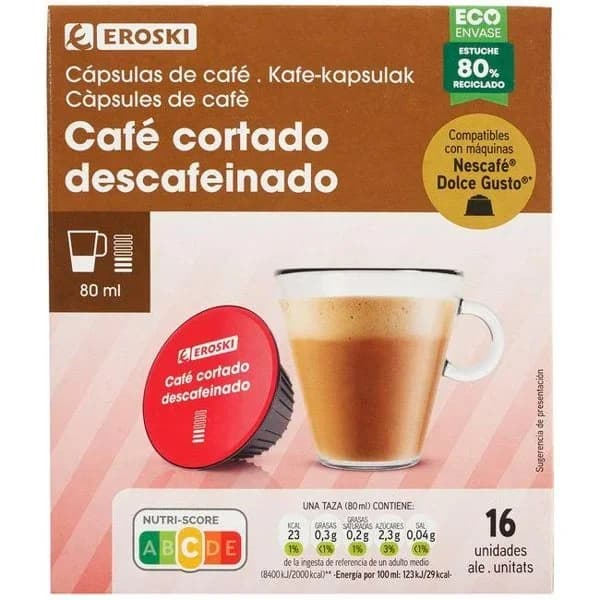 Café cortado descafeinado comp. Dolce Gusto EROSKI, caja 16 uds - 16 ud - Imagen del producto en Findit