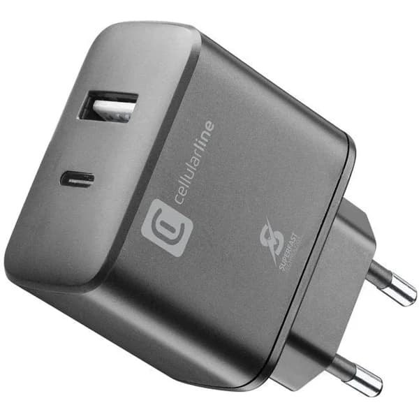 Cargador de red negro 25 W puerto USB-C y USB-A, ACHSMUSB2PD25WK CELLULAR LINE - 1 ud - Imagen del producto en Findit