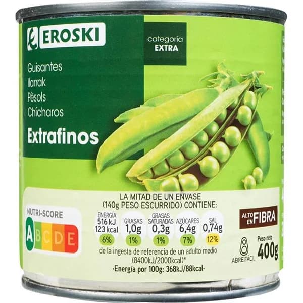 Guisante extrafino EROSKI, lata 280 g - 0.28 kg - Imagen del producto en Findit