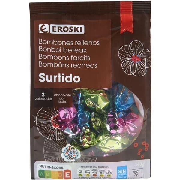Bombón relleno surtido EROSKI, bolsa 340 g - 0.34 kg - Imagen del producto en Findit