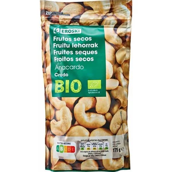 Anacardo crudo bio EROSKI, bolsa 175 g - 0.18 kg - Imagen del producto en Findit