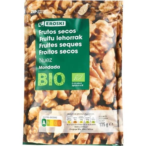 Nuez mondada bio EROSKI, bolsa 175 g - 0.18 kg - Imagen del producto en Findit