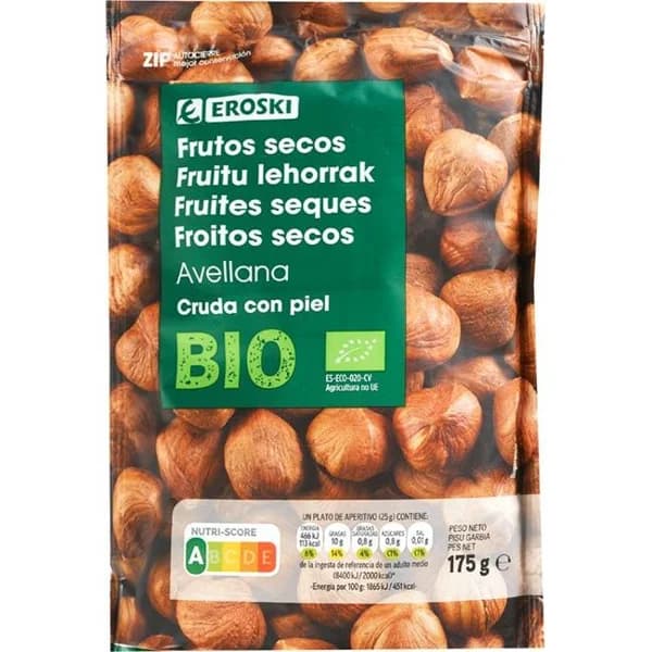 Avellana cruda bio EROSKI, bolsa 175 g - 0.18 kg - Imagen del producto en Findit