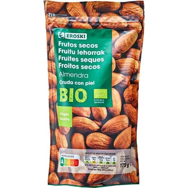 Almendra cruda bio EROSKI, bolsa 175 g - 0.18 kg - Imagen del producto en Findit