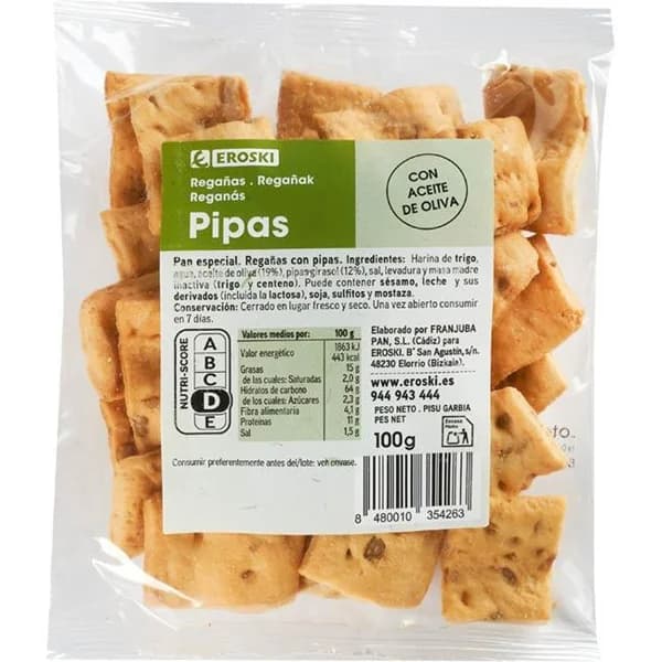 Regañás con pipas EROSKI, bolsa 100 g - 0.1 kg - Imagen del producto en Findit