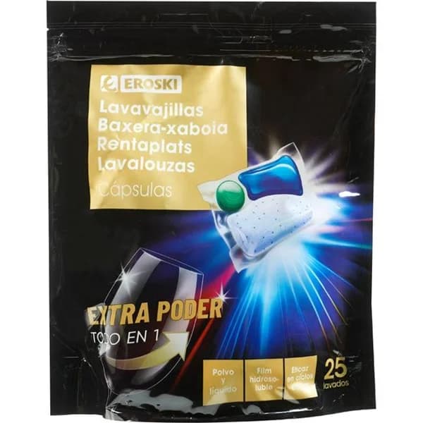 Lavavajillas máquina cápsulas tripolvo EROSKI, bolsa 25 dosis - 25 ud - Imagen del producto en Findit