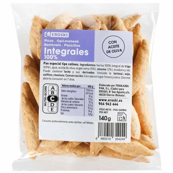 Picos 100% harina integral grano entero EROSKI, bolsa 140 g - 0.14 kg - Imagen del producto en Findit