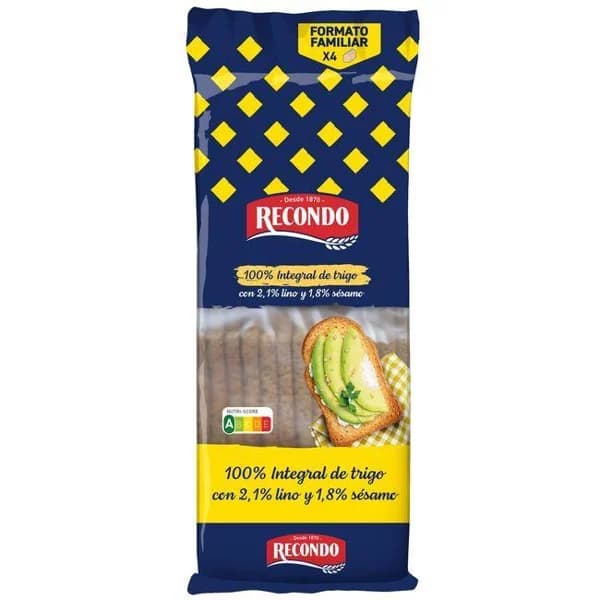 Pan tostado 100% integral sésamo lino RECONDO, paquete 540 g - 0.54 kg - Imagen del producto en Findit