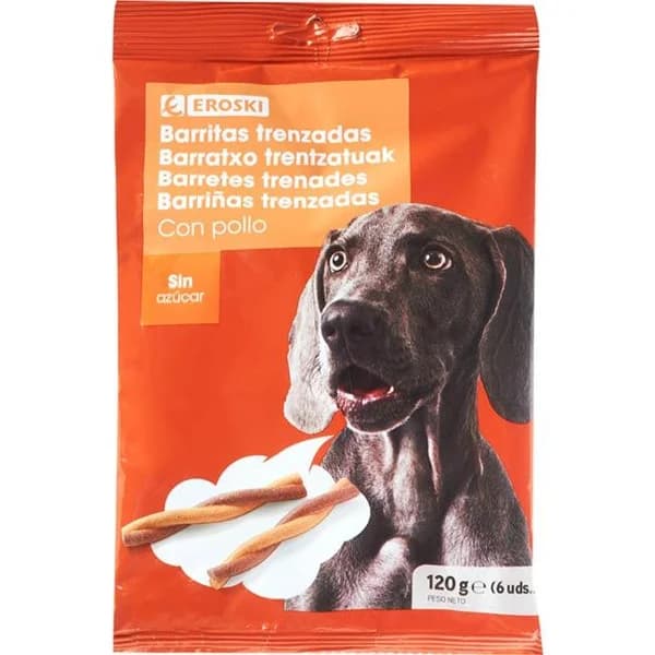 Barrita trenzada con pollo para perro EROSKI, bolsa 120 g - 1 ud - Imagen del producto en Findit