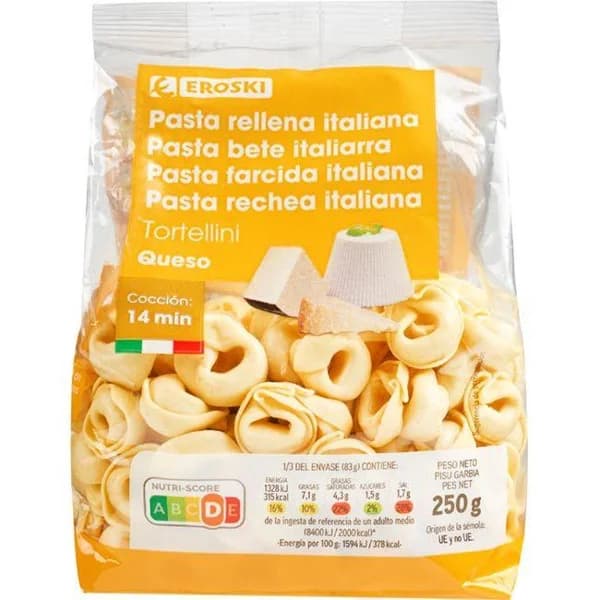 Tortellini con queso EROSKI, paquete 250 g - 0.25 kg - Imagen del producto en Findit