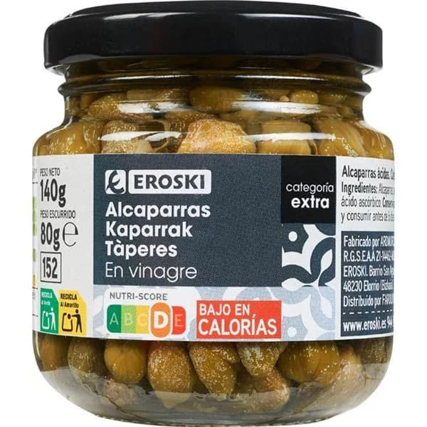 Alcaparras en vinagre EROSKI, frasco 80 g - 0.08 kg - Imagen del producto en Findit