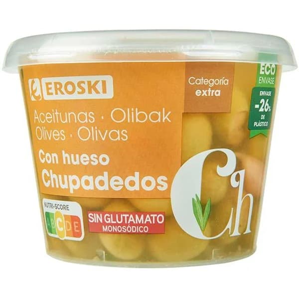 Aceitunas chupadedos EROSKI, tarrina 300 g - 0.3 kg - Imagen del producto en Findit