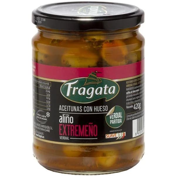 Aceituna verde con hueso estilo extremeño FRAGATA, frasco 250 g - 0.25 kg - Imagen del producto en Findit