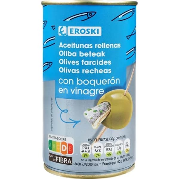 Aceituna rellena de boquerón EROSKI, lata 150 g - 0.15 kg - Imagen del producto en Findit