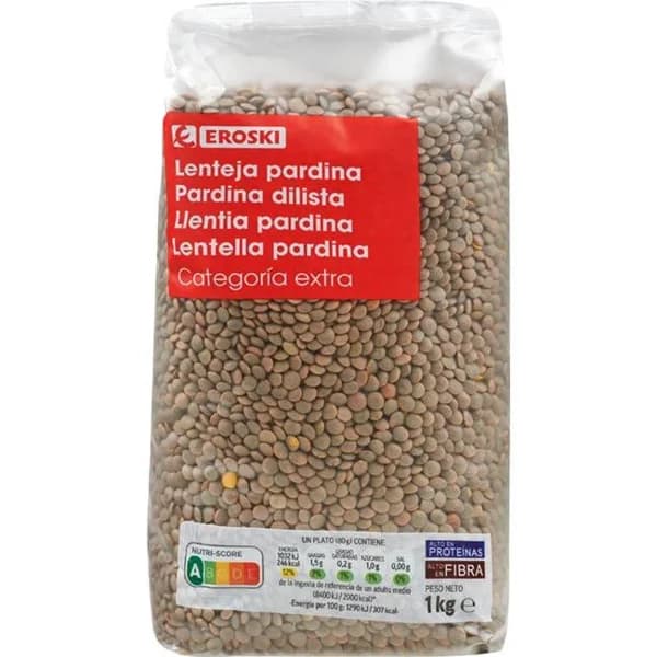 Lenteja pardina EROSKI, paquete 1 kg - 1 kg - Imagen del producto en Findit