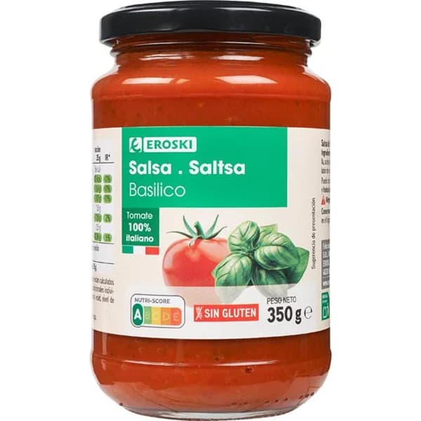 Salsa basilico EROSKI, frasco 350 g - 0.35 kg - Imagen del producto en Findit