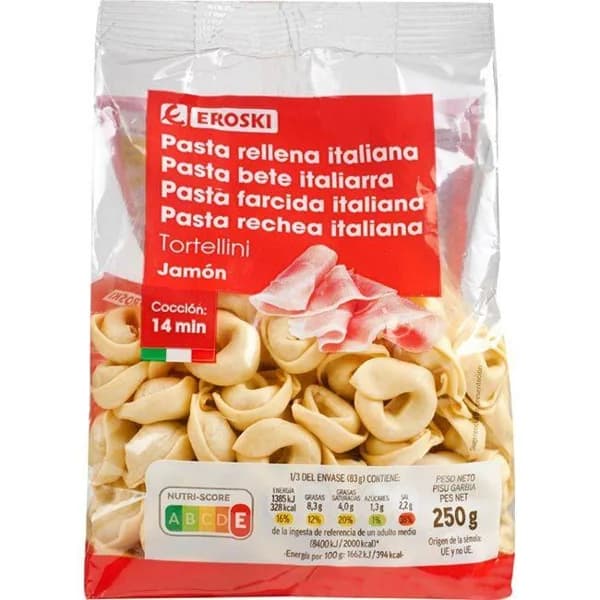 Tortellini rellenos de jamón EROSKI, paquete 250 g - 0.25 kg - Imagen del producto en Findit