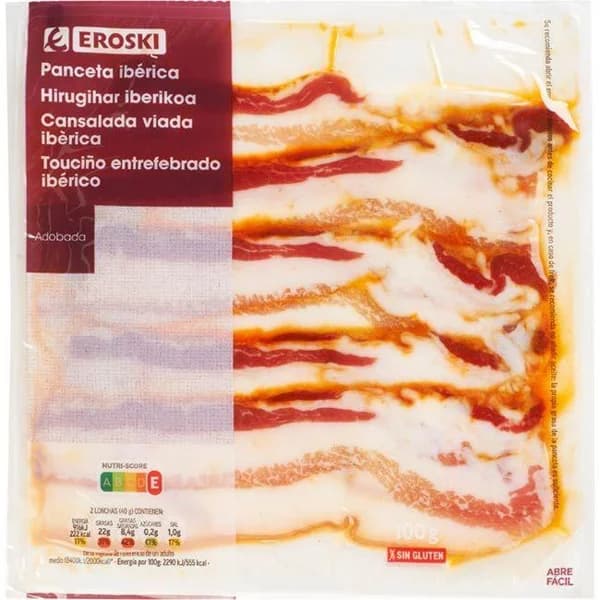 Panceta ibérica curada adobada EROSKI, sobre 100 g - 0.1 kg - Imagen del producto en Findit